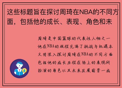 这些标题旨在探讨周琦在NBA的不同方面，包括他的成长、表现、角色和未来。