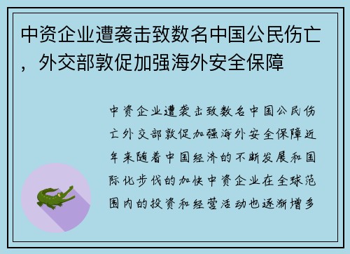 中资企业遭袭击致数名中国公民伤亡，外交部敦促加强海外安全保障