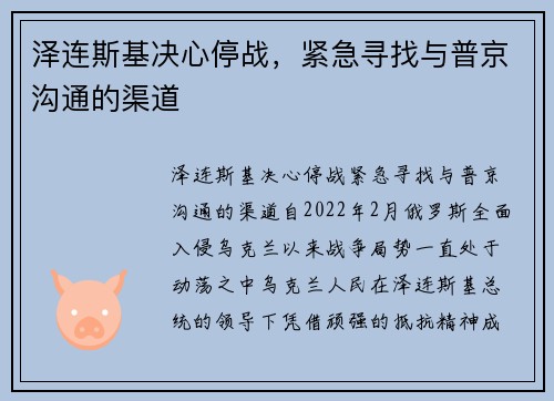 泽连斯基决心停战，紧急寻找与普京沟通的渠道