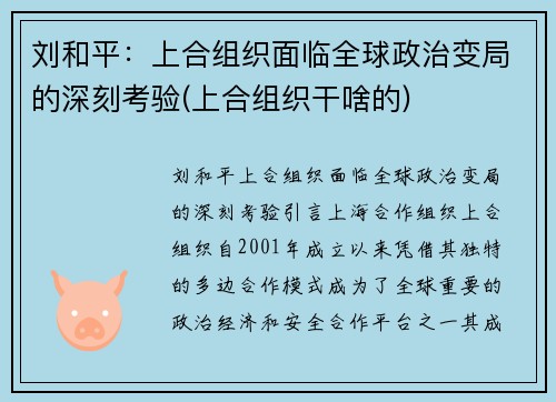 刘和平：上合组织面临全球政治变局的深刻考验(上合组织干啥的)